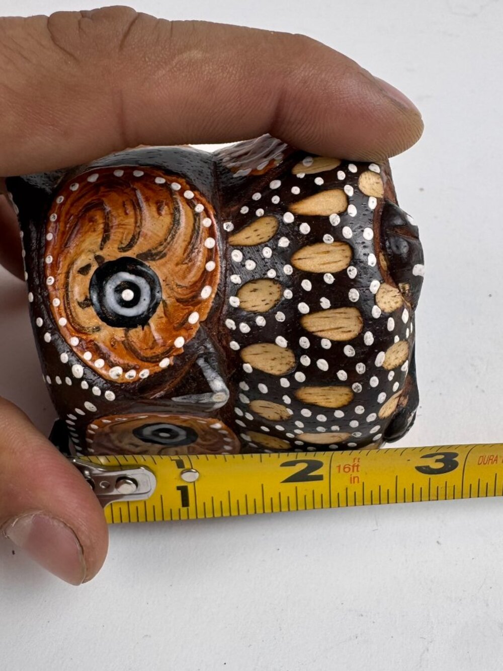Vintage Hand Carved Wood Owl Figurine Dot Painted Folk Art Boho Decor 2.75" - Picture 2 of 6